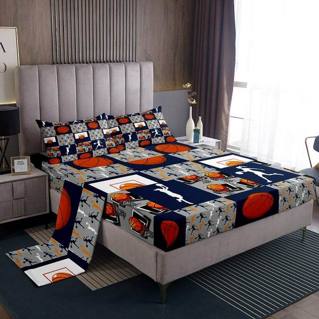 Erosebridal Ball Sports Sheet Set Full, Cartoon Basketball Bedding Sets Full Size, Patchwork Decor 4-Piece