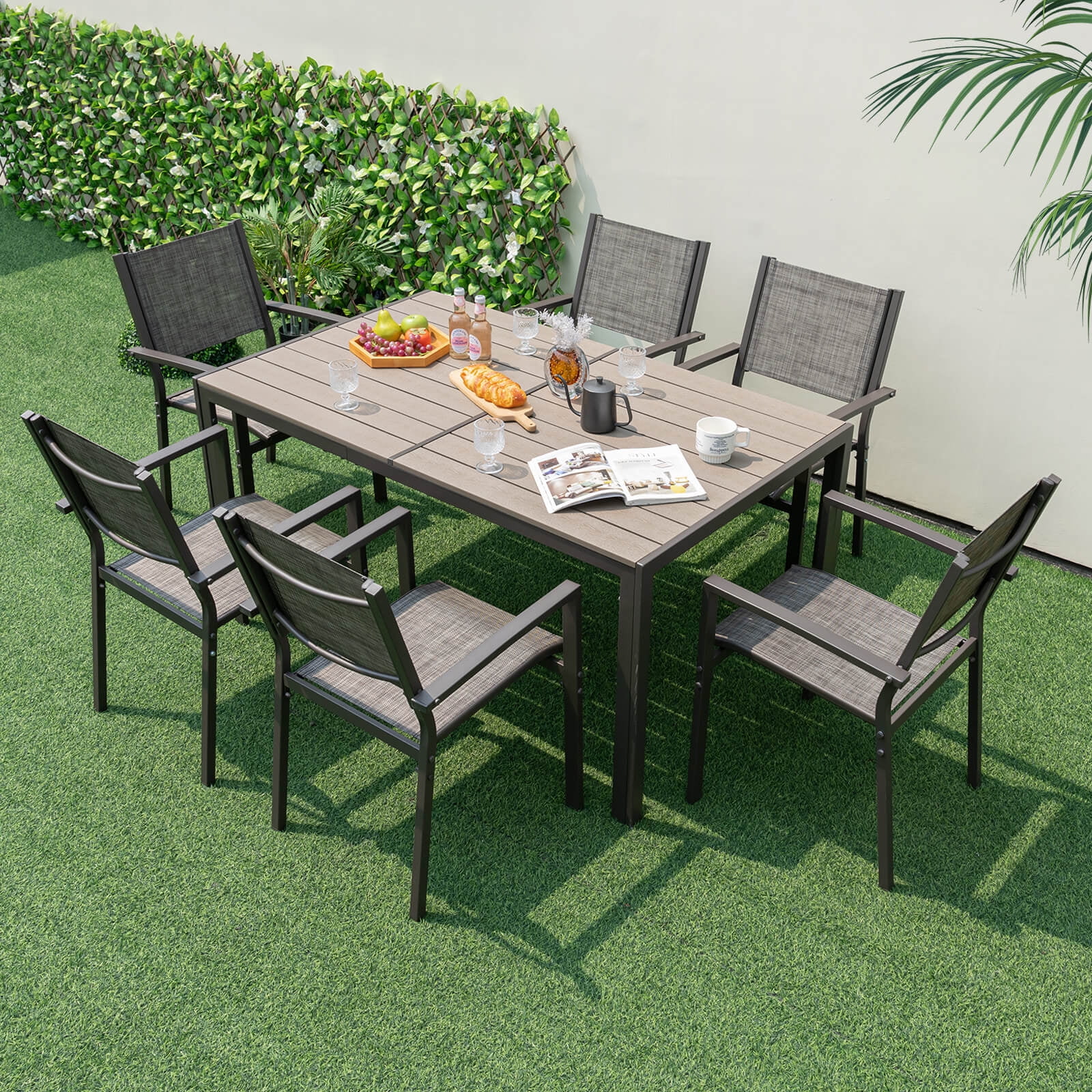 Costway PCS Outdoor Dining Set with Stackable Chairs Large Rectangle  Table Garden