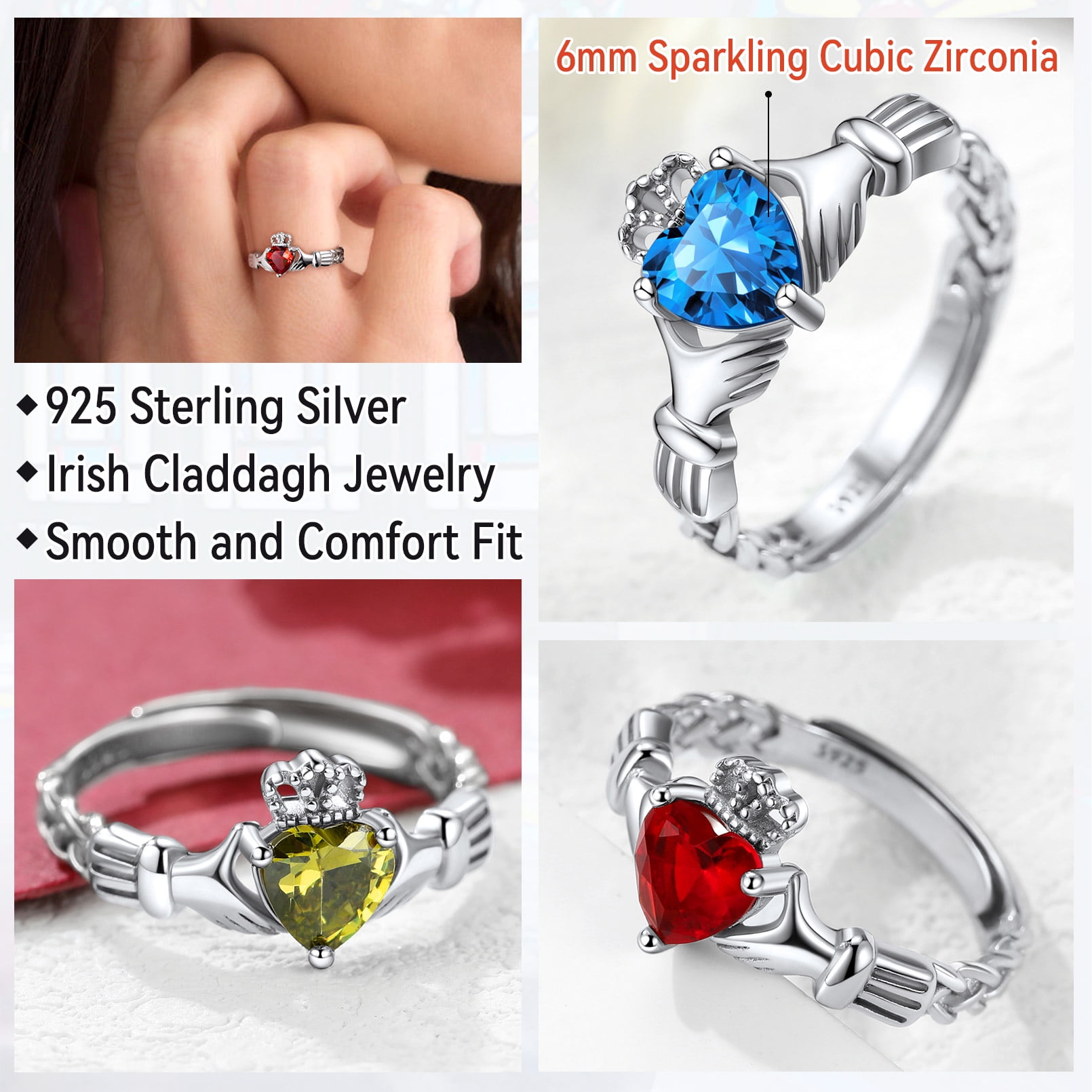 FaithHeart Irish Claddagh Heart Promise Ring for Women 925 Sterling Silver Garnet January Birthstone Celtic Knot Ring Adjustable Wedding Band Jewelry Gift for Wife Anniversary