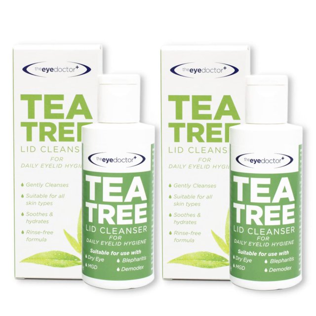 The Eye Doctor Limpiador de tapas de árbol de té, paquete doble - 2 x 100 ml - Higiene diaria Elimina residuos y maquillaje de pestañas de párpados - Adecuado para ojos sensibles - Aceite de árbol de