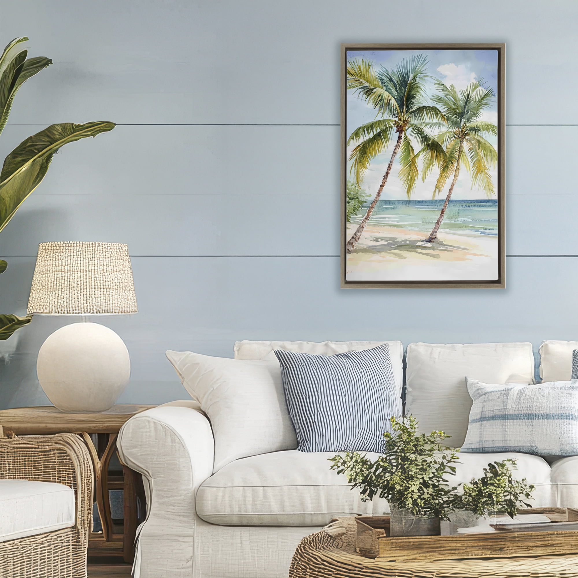 Stupell Industries Shady Palm Beach Escape Brown Framed Floater Canvas Wall Art, design by Petal Prints Design