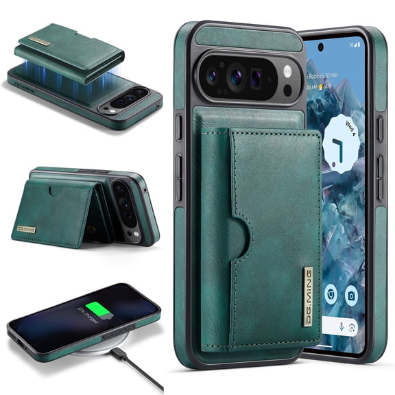 Magnetic Detachable Wallet Case For Google Pixel 9 Pro XL, Compatible with Mag Safe, 2-in-1 PU Leather Back Folio Kickstand Flip Cover with Multi-Card Slots [RFID Blocking] Slim Case,Green