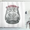 thumbnail image 1 of Hippo Shower Curtain, Pencil Hand-Drawn Style Animal Portrait with Floral Head Wreath, Fabric Bathroom Set with Hooks, 69W X 75L Inches Long, Grey Pale Grey and Pale Pink, by Ambesonne, 1 of 3