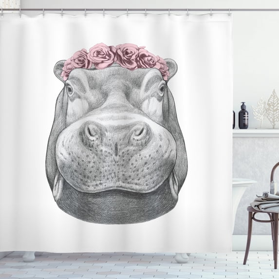 Hippo Shower Curtain, Pencil Hand-Drawn Style Animal Portrait with Floral Head Wreath, Fabric Bathroom Set with Hooks, 69W X 75L Inches Long, Grey Pale Grey and Pale Pink, by Ambesonne