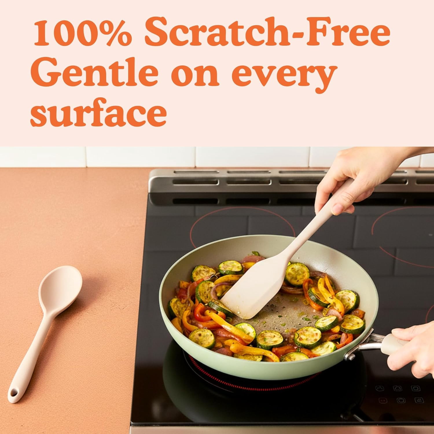 Non-Toxic 8-Piece Platinum Silicone Kitchen Utensil Set – BPA-Free, Stainless Steel Core, Heat Resistant 500°F, Non-Stick and Dishwasher Safe Cooking Tools – Beige
