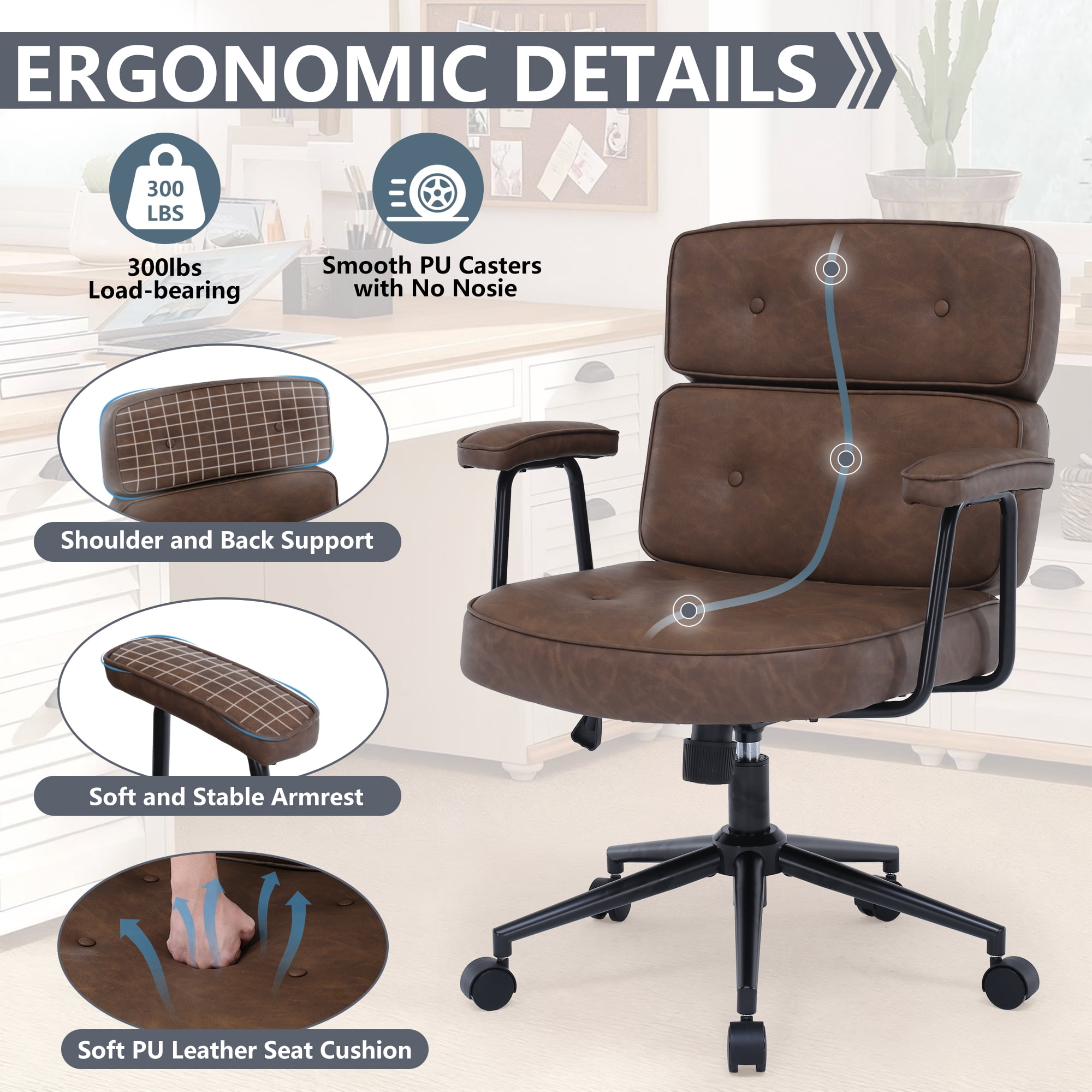 PU Leather Executive Office Chair, Extra Wide Ergonomic Computer Desk Chair with Lumbar Support & Swivel Rocking, Adjustable Height Thickened Cushions Mid Back (Brown)
