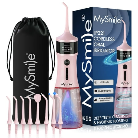 MySmile LP221 OLED Cordless Water Flosser with UVC Sterilizer Light, Portable Oral Irrigator Electric Dental Flosser Picks for Teeth Cleaning, Braces, Gums, 5 Modes, 8 Jet Tips, Travel Bag, Pink