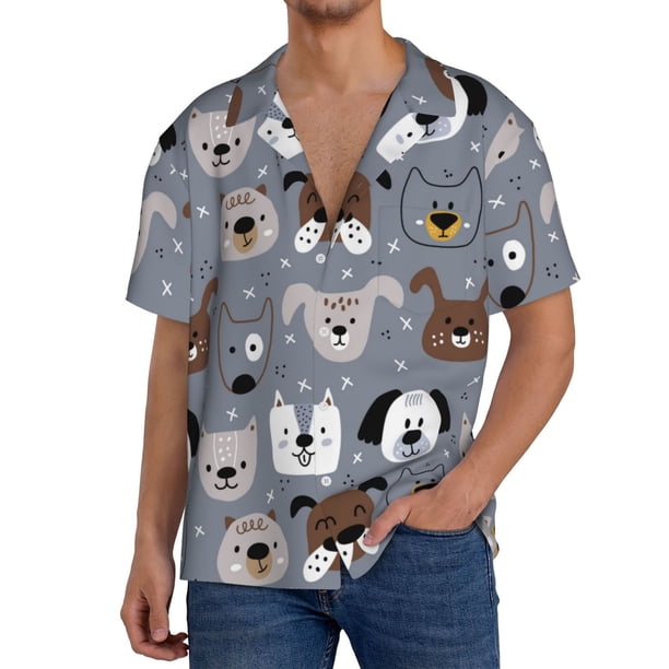 Fotbe Cute Dog Faces Camisa Estampada de Manga Corta para Hombre, Casual de Verano, Estilo Playero, Sin Arrugas-XX-Large