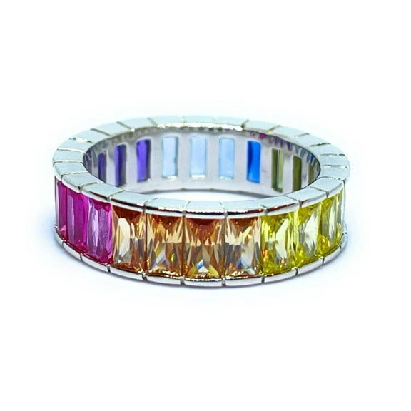 ADIRFINE 925 Sterling Silver Multi Colored Baguette Cubic Zirconia Eternity Ring
