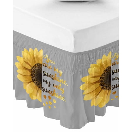 Yellow Sunflowers Bed Skirt Queen Size 16 Inch Drop, Wrap Around Bed Skirts, Floral You Are My Sunshine Grey Quotes Elastic Bedskirt Pleated Bed Frame Cover Luxurious Dust Ruffle for Queen Bed