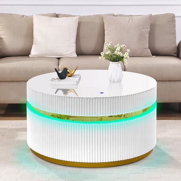 Tavita 39" Round Coffee Table - Glass Top, LED Lights & Reeded Base - Gold Accent