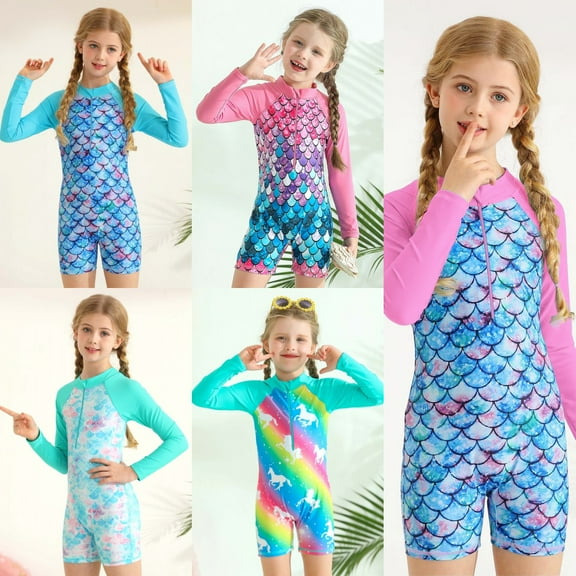 Uccdo Little Girls Long Sleeve Rashguard One-Piece Swimsuit, Kids Zipper Bathing Suit Beach Surfing Swimwear, Size 4-9 Years