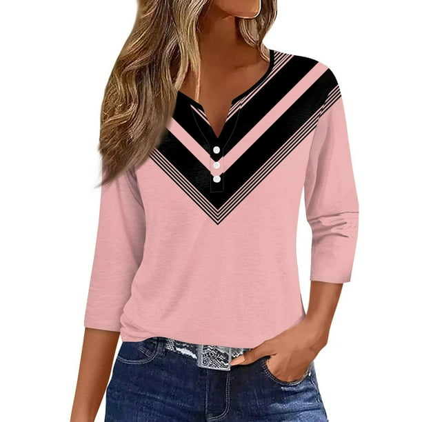 CHOII 50% de descuento en camisetas de mujer 2024. Camiseta con botones, manga 3/4, para uso diario, fin de semana, básica, cuello en V, blusas de mujer, mangas tres cuartos, camisetas de verano para