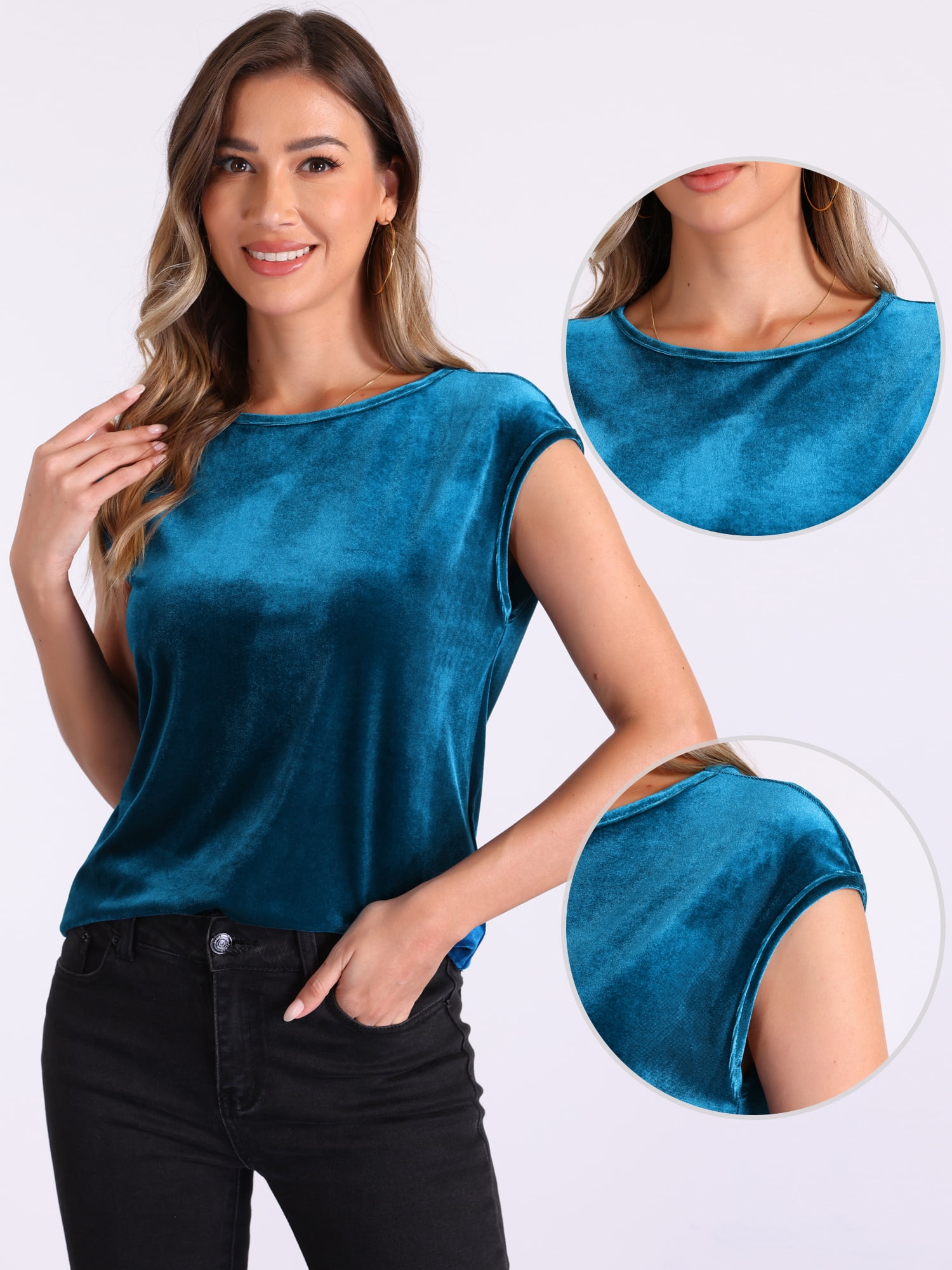 DARING DIVA Women's Velvet Christmas Party Crew Neck Cap Sleeve Top M Peacock Blue