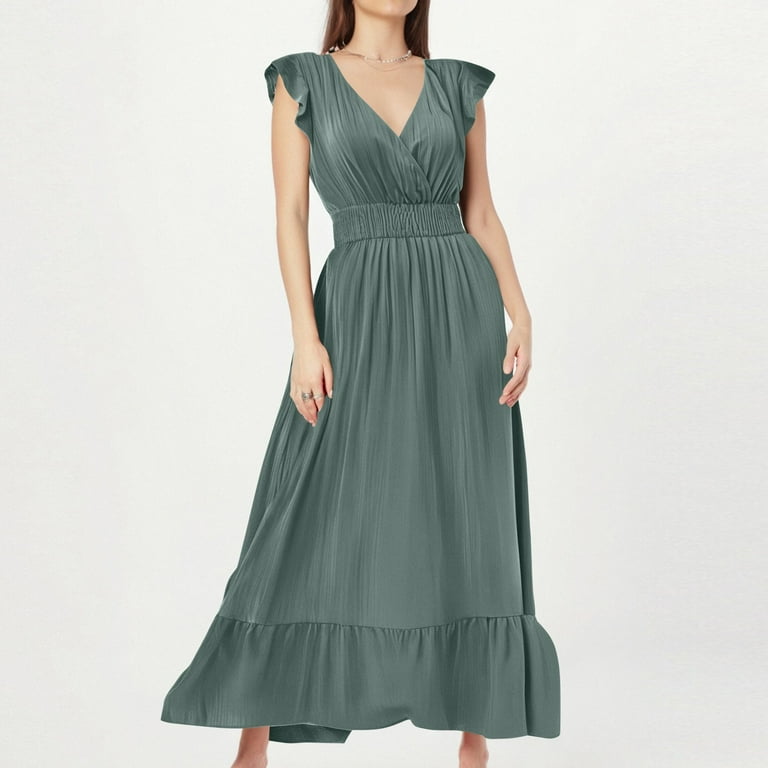 Womens Party Dress, Casual High Waisted V Neck A Line Ruffle Sleeve Loose Maxi Sundress With Pockets For Beach Vacation Wedding Guest Graduation Dress Off The Dress Romper (M, Light Green) ZMTing - Womens Party Dress, Casual High Waisted V Neck A Line Ruffle Sleeve Loose Maxi Sundress With Pockets For Beach Vacation Wedding Guest Graduation Dress Off The Dress Romper (M, Light Green) ZMTing -