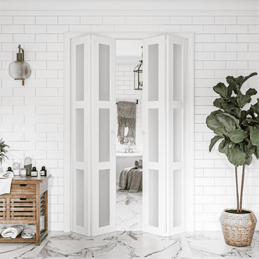 TENONER Bi-Fold Doors, for 48"x 80" (Double 24" x 80" Doors) Opening, 3-lite Tempered Frosted Glass Panel, MDF, White Closet Door