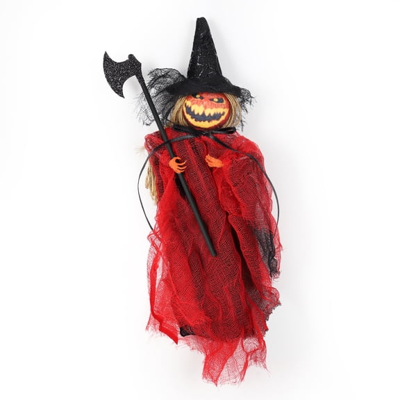 Halloween Pumpkin Witch Ornament, Spooky Jack-O-Lantern Witch Doll with Axe, Hanging Decoration for Indoor Home Party Fireplace Mantel