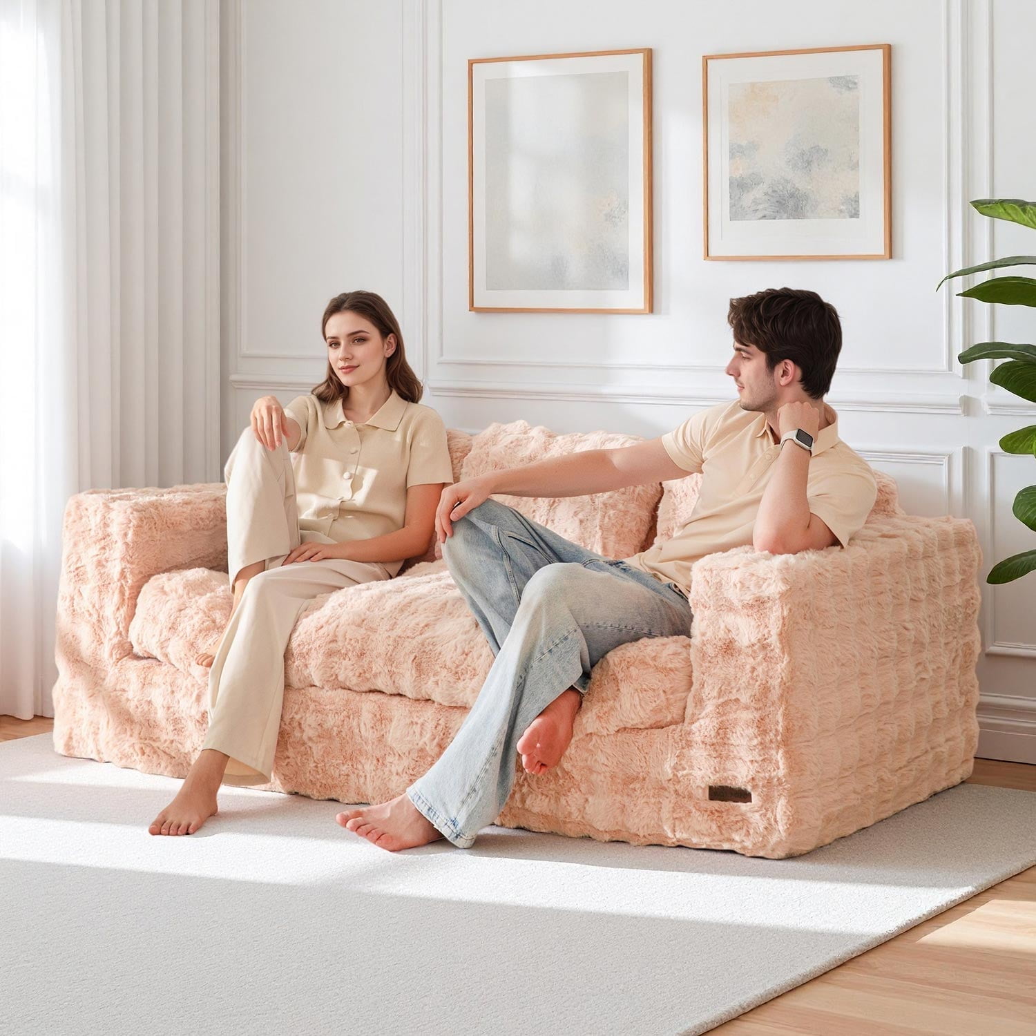 GOODONE 3 Seater Couch,Giant Bubbled Boneless Sofa Couch,Modern Comfy Floor Sofa with Armrests for Living Room and Apartments,No Assembly Required,Pink