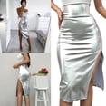 thumbnail image 2 of Side Slit Metallic Faux Leather Knee Length Long Skirt Stretchy Half Length Bodycon Shimmering Pencil Skirts for Women, 2 of 8