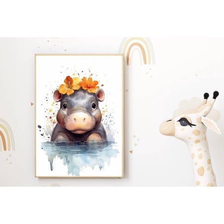 Nursery Decor Art Hippo Illustration Cute Animal Colorful for Baby Girls and Boys Rooms Idea, Unframed Poster