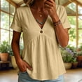 thumbnail image 2 of hoksml Women's V-Neck Short Sleeve Peplum Blouse, Cotton Linen Casual Tunic Top with Button Detail, 2 of 6