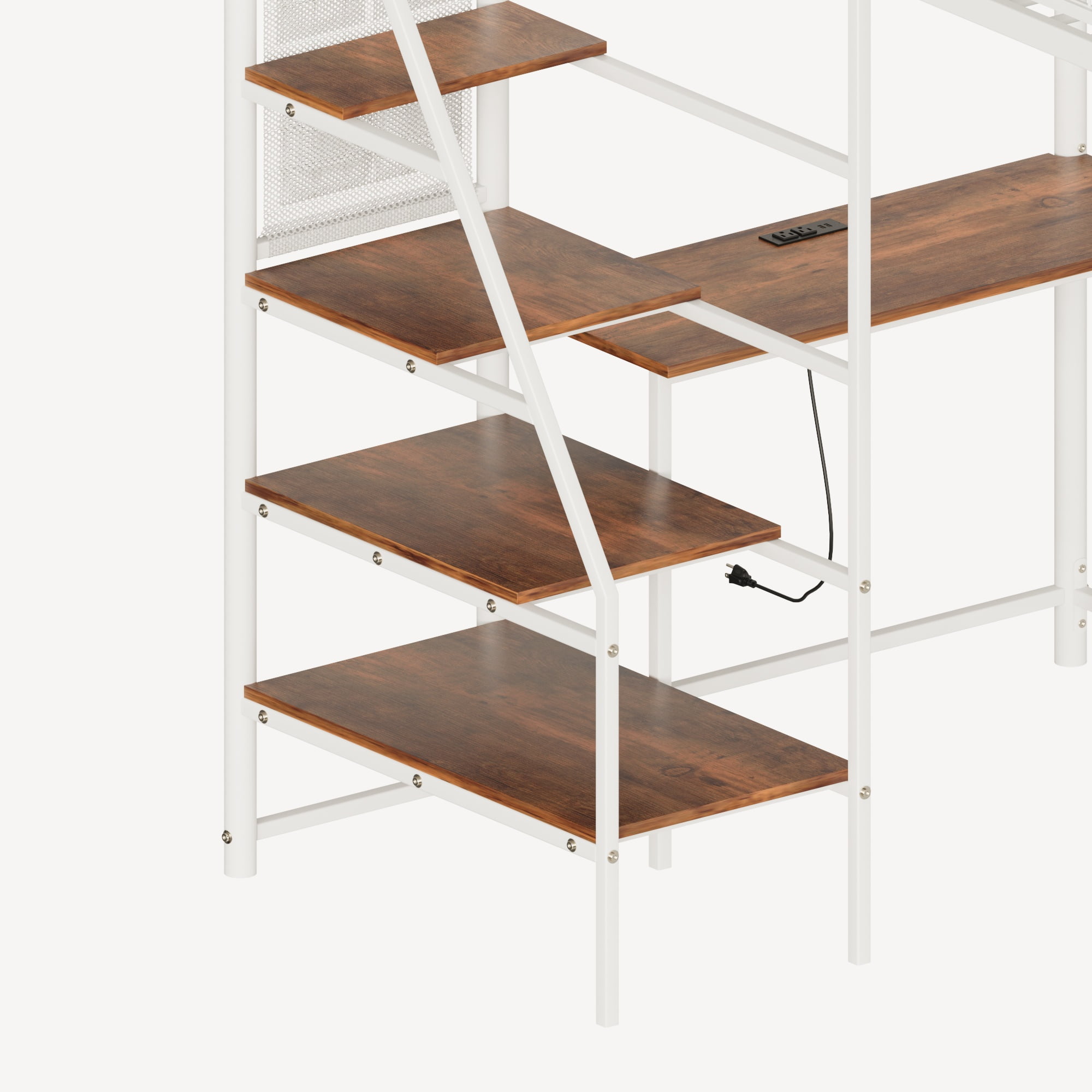 Yoneston Full Size Loft Metal Bed Frame with Built-in Charging Station and LED Lighting for Bedroom and Dormitory, White