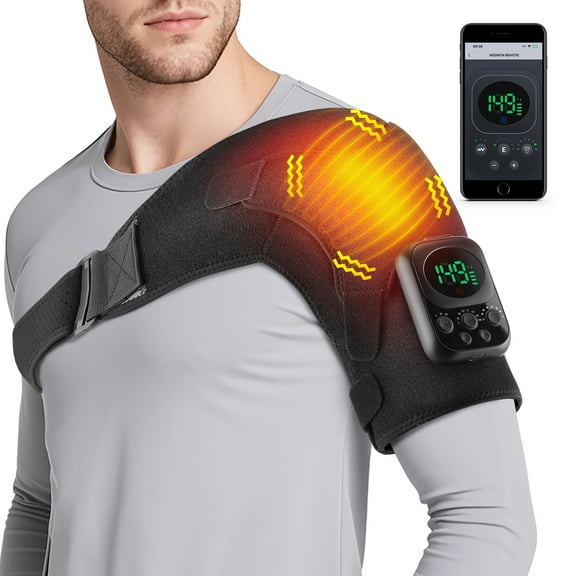Cordless Shoulder Massager Wrap - 5000mAh App-Controlled Heating Pad with 6 Heat & 3 Vibration Modes, Adjustable Brace for Shoulder Discomfort Relief (Men/Women)