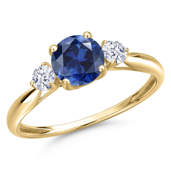 Gem Stone King 10K Yellow Gold Blue Created Sapphire and White Zirconia 3-Stone Ring for Women | 1.22 Cttw | Round 6MM | Gemstone September Birthstone | Size 7