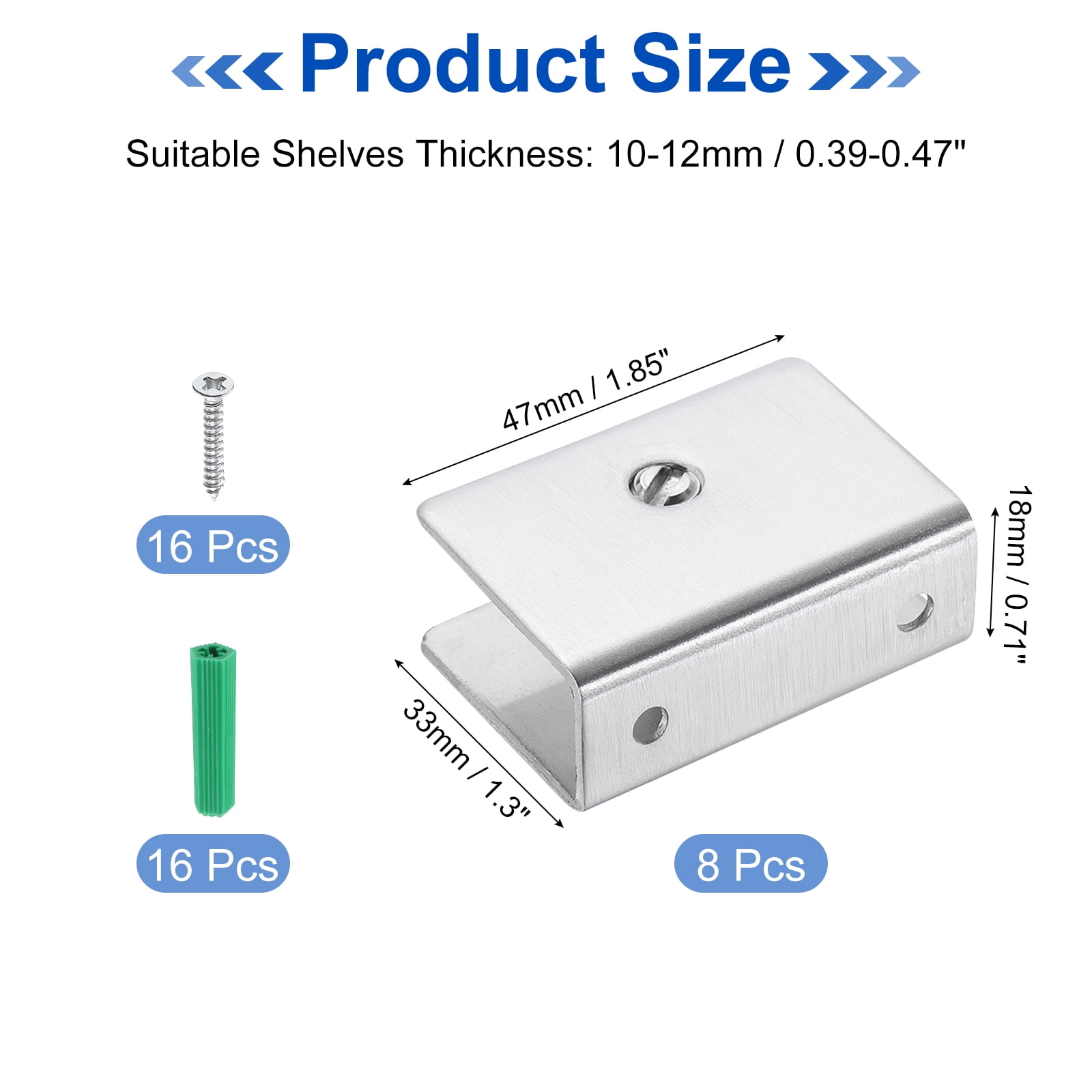 2Pcs Glass Shelf Bracket, Adjustable Brushed Glass Shelf Bracket, Wall Mount Glass Shelf Holder Fixture Glass Clip for 10-12mm(0.39"-0.47") , Silver