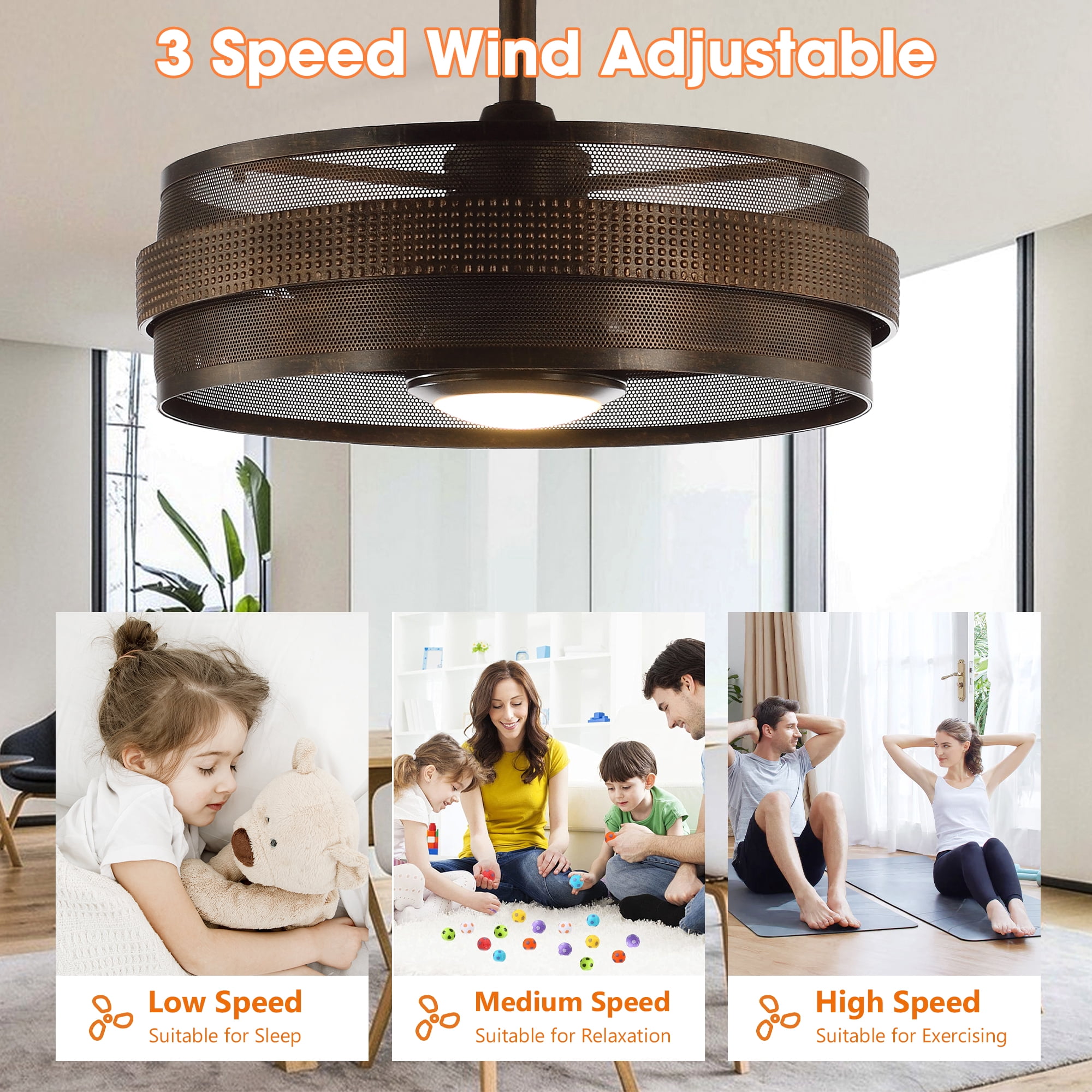 Parrot Uncle 21" Industrial 3-Blade Drum Ceiling Fan with Remote and LED Light, 3000K LED Ceiling Fan