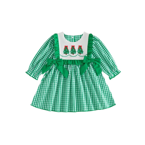 RUINIXCW Toddler Baby Girls Christmas Dress Adorable Tree Embroidery Long Sleeve Round Neck Plaid Dress