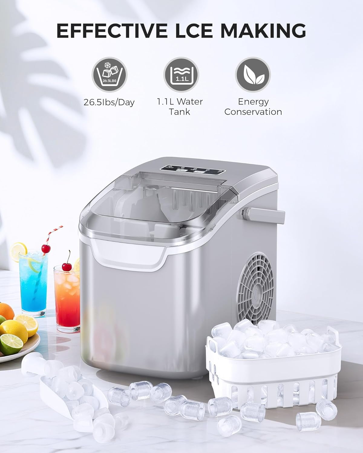 Havato Ice Makers Countertop with Handle, 26.5 Lbs / 24 H, 8 Cubes in 6 Mins, Portable Ice Machine with Self-Cleaning, Perfect for Home Kitchen (Grey)