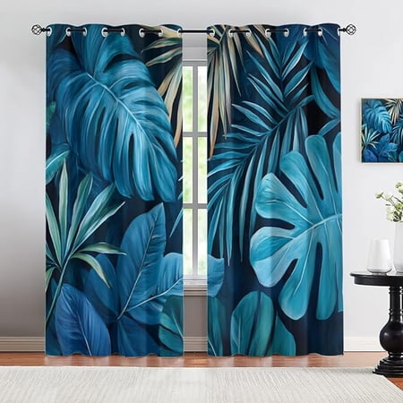 Tropical Palm Leaves Blackout Curtains - Jungle Plants Room Darkening Drapes For Living Room Bedroom Botanical Boho Decor Grommet Top Thermal Insulated Window Treatments 42 W x 96 L (Pack of 2)