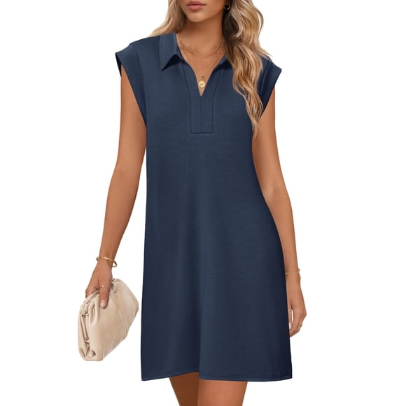 Vestido MEROKEETY 2025 de verano de manga corta con cuello en V azul marino para mujer