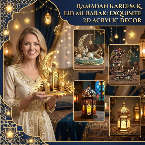 5PCS Ramadan Acrylic Crescent Moon Lantern Decor Set 7.87 Inches Tabletop Islamic Festival Ornaments for Living Room Display, Eid Mubarak Home Decoration Accent