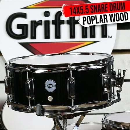 Griffin Snare Drum - Black 14"x5.5 Poplar Wood Shell Acoustic Percussion Kit Set