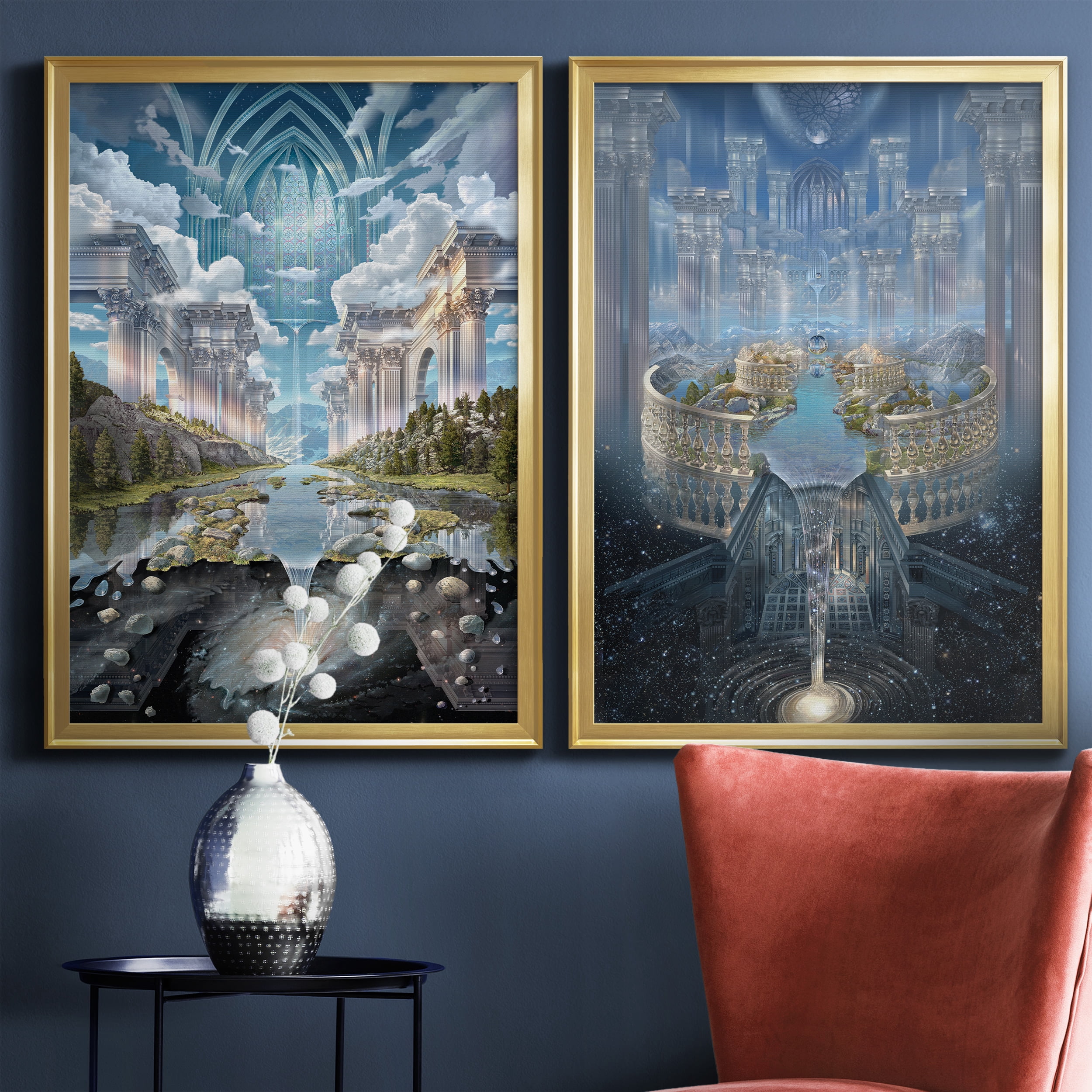 2 Piece Set Genesis II Premium Framed Canvas - Ready to Hang - 26.5 x 36.5 Each - Gold Frame