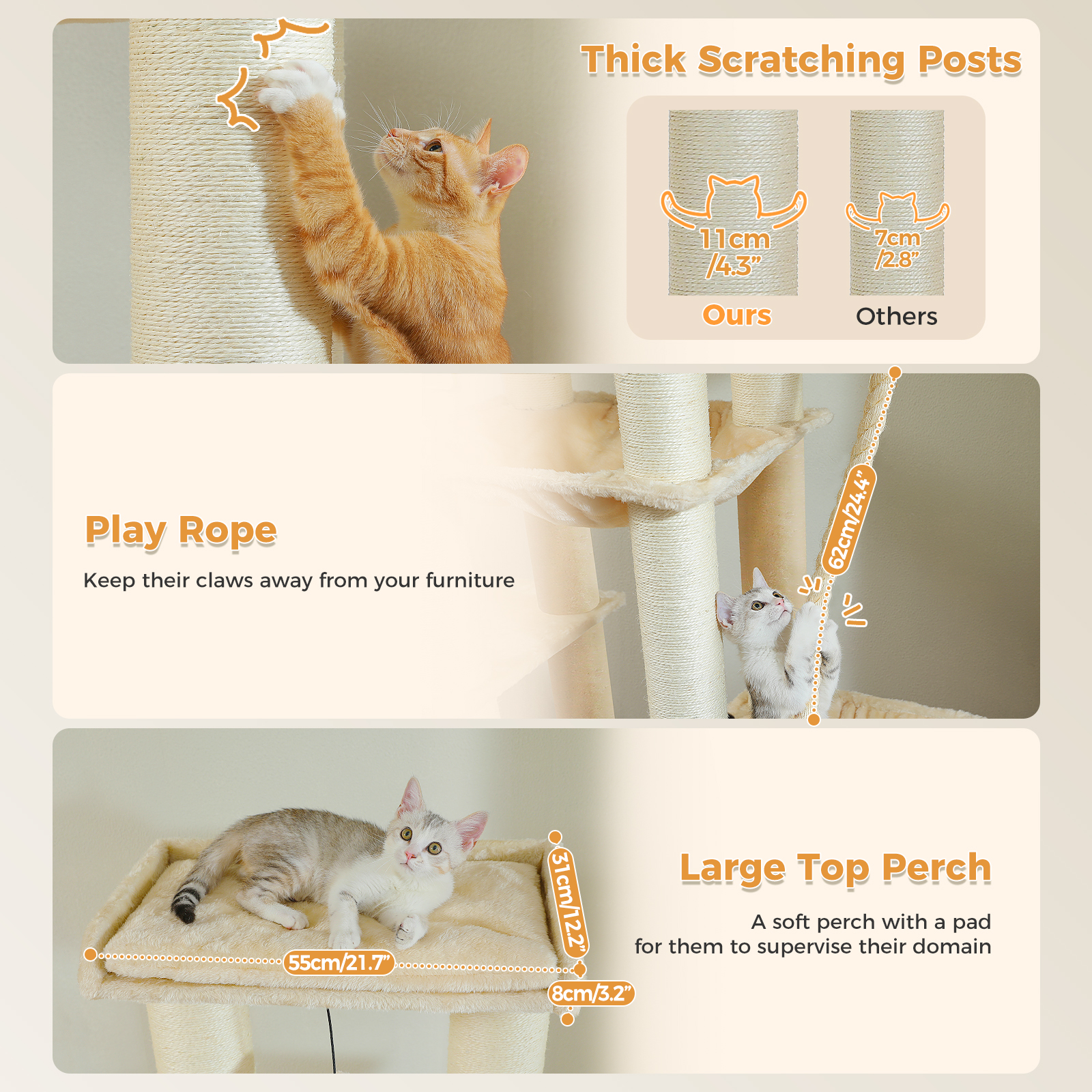 PEQULTI 67" Maine Coon Cat Tree Large Cat Tower for Indoor Cats with 8 Thick Scratching Post Beige