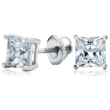Bling Jewelry Womens Classic CZ Stud Earrings Square Princess Cut Solitaire Sterling Silver 5-9 MM