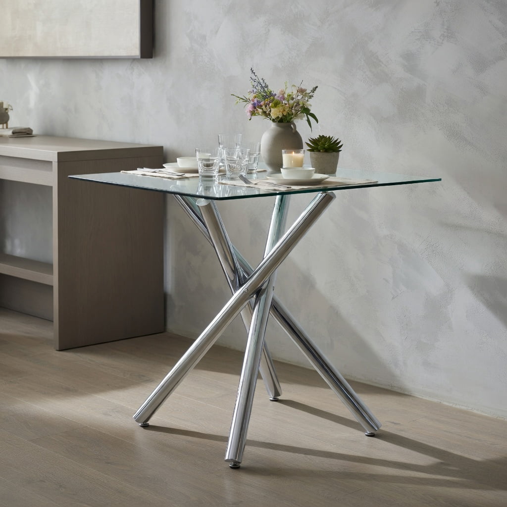 Hommoo Modern 3-Piece Glass Bar Table Set with Chrome X-Base & PU Leather Counter Height Stools, Contemporary Kitchen Island or Home Bar Solution for Small Spaces, White & Sliver