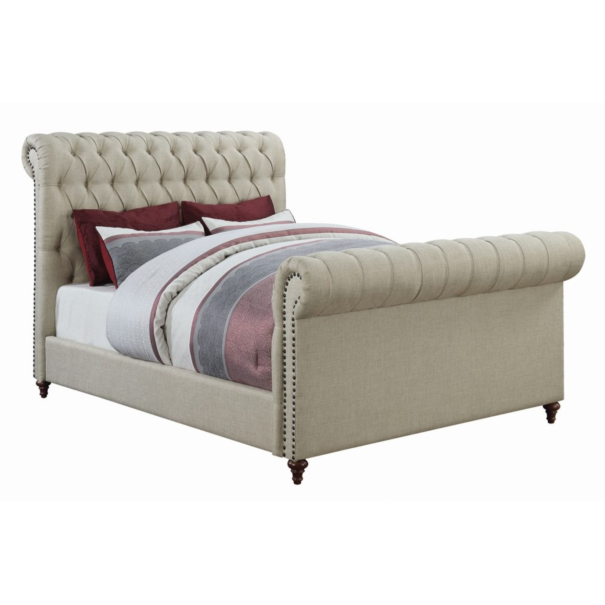 Button Tufted Queen Size Bed with Scrolled Headboard and Footboard