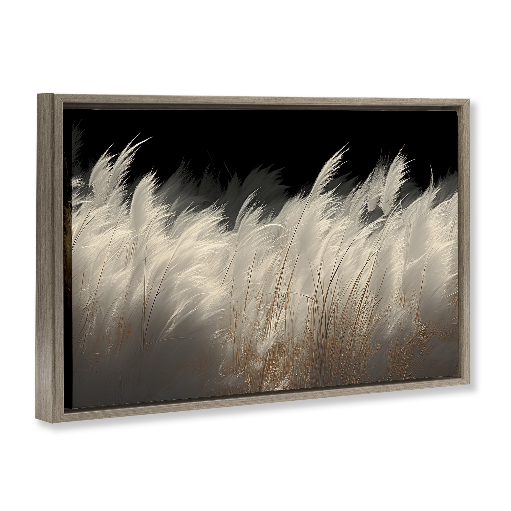 White Feathers Windblown Grasses Brown Framed Floater Canvas Wall Art, design by Decent Exposures