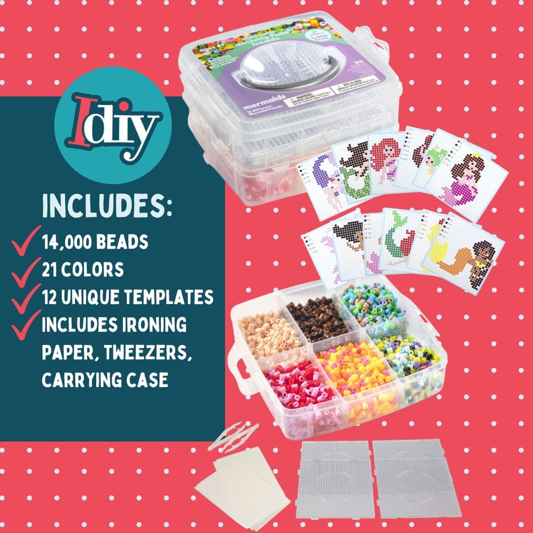 4,000pc Fuse Beads Mermaid w Carrier CASE - 21 Colors, 12 Unique Templates, 2 Peg Boards, Tweezers, Ironing Paper, Case, Works w Perler, Bulk Art Craft Project, Kids Birthday Party Gift