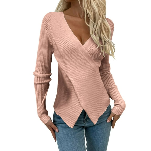UJNDER Women's Fashion V Neck Long Sleeve Solid Color Pullover Sweater Knitting Tops for Women Cozy for Winter Pink L