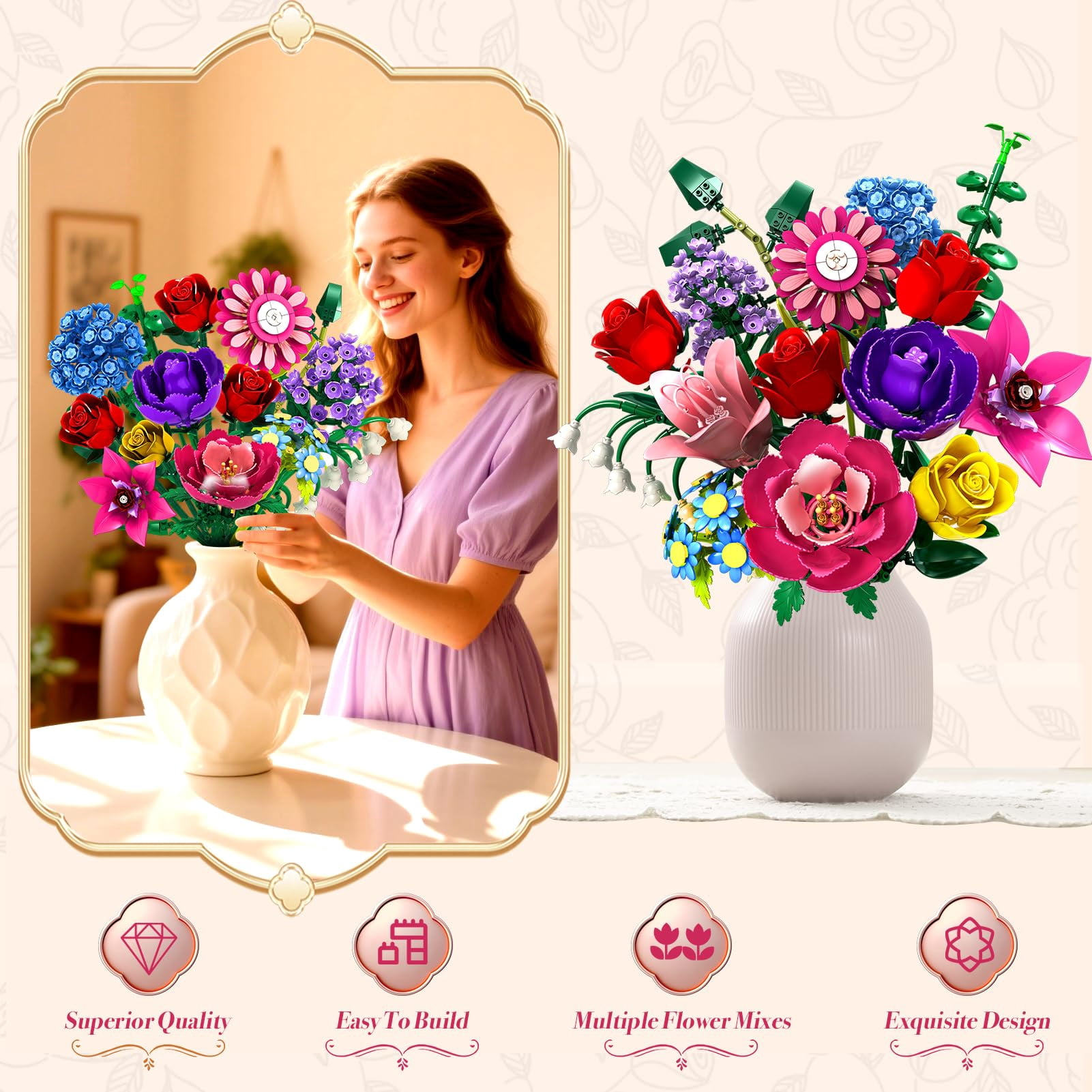 WIDELAND Flower Bouquet Building Set Compatible with Lego, 1020 PCS Botanical Collection Building Block ,  Christmas, Mother's Day, Valentine's Day Birthday Gift Toys for Girls Women 6+