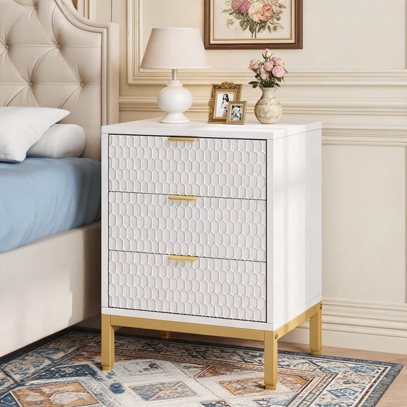 Fnova Modern Nightstand with 3 Drawers, Large End Table with Storage Shelf, Sofa Side Bedside Table for Bedroom, Living Room, White