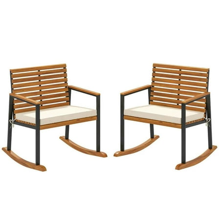 Yardi Yarda Acacia Wood Outdoor Lawn Rocking Chair Set of 2, Rocking Chairs with Armrests and Cushion, Cream White