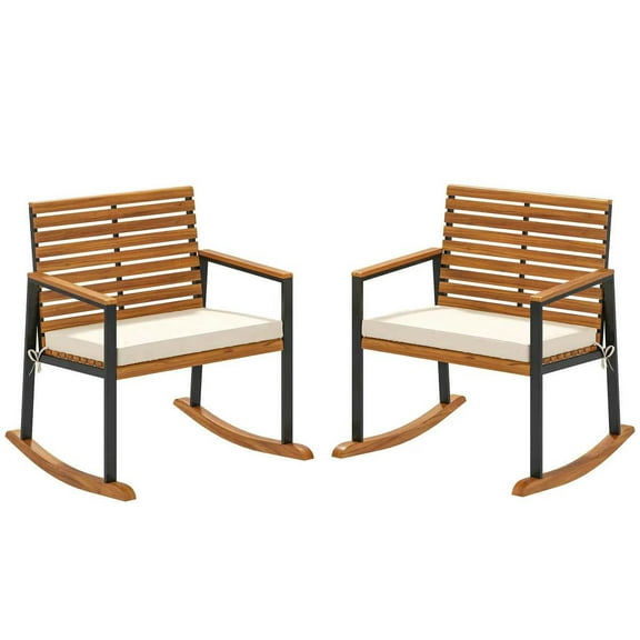 Spaco Acacia Wood Outdoor Lawn Rocking Chair Set of 2, Rocking Chairs with Armrests and Cushion for Outdoor, Cream White