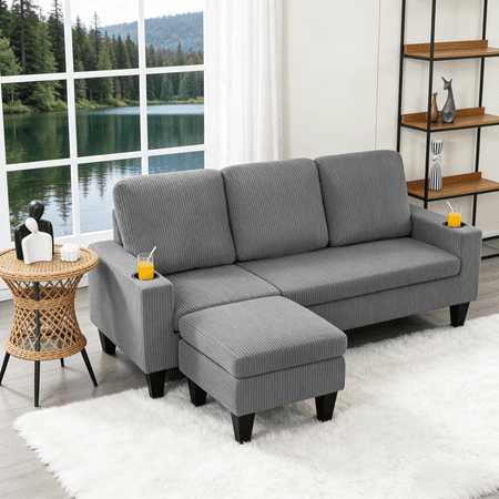Gewnee Light Grey 69.88” L-Shaped Sofa, Corduroy Reversible Ottoman with Cup Holders for Home/Office