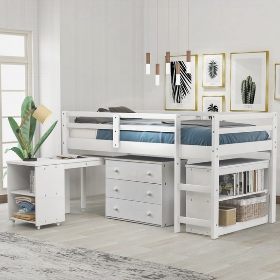 Twin Loft Bed with Cabinet & Rolling Desk in White - Space-Saving, Sturdy Pine Construction